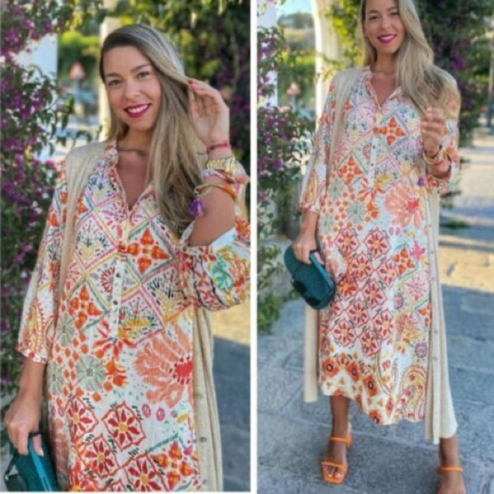 ZARA ECRU FLORAL PRINT MIDI FLOWING DRESS SIZE SMALL